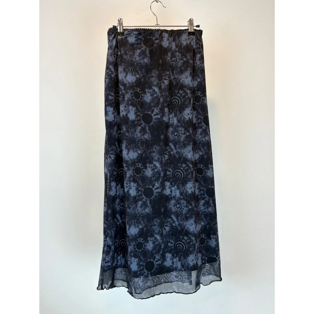 Daisy Street Mesh Maxi Skirt Womens Medium Blue Celestial Sun Print Grunge Y2K